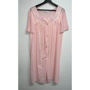 Vintage Vanity Fair Pink Robe House Coat Peignor Button Size XL Embroidered